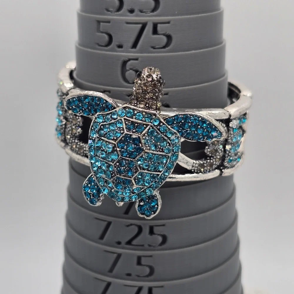 Rhinestone Articulated Turtle Bracelet Bangle Blue Magnetic Pendant Brooch 6.5